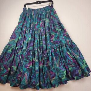 Sedona Stitchery Tiered Maxi Skirt Boho Abstract Print Elastic Waist One Size